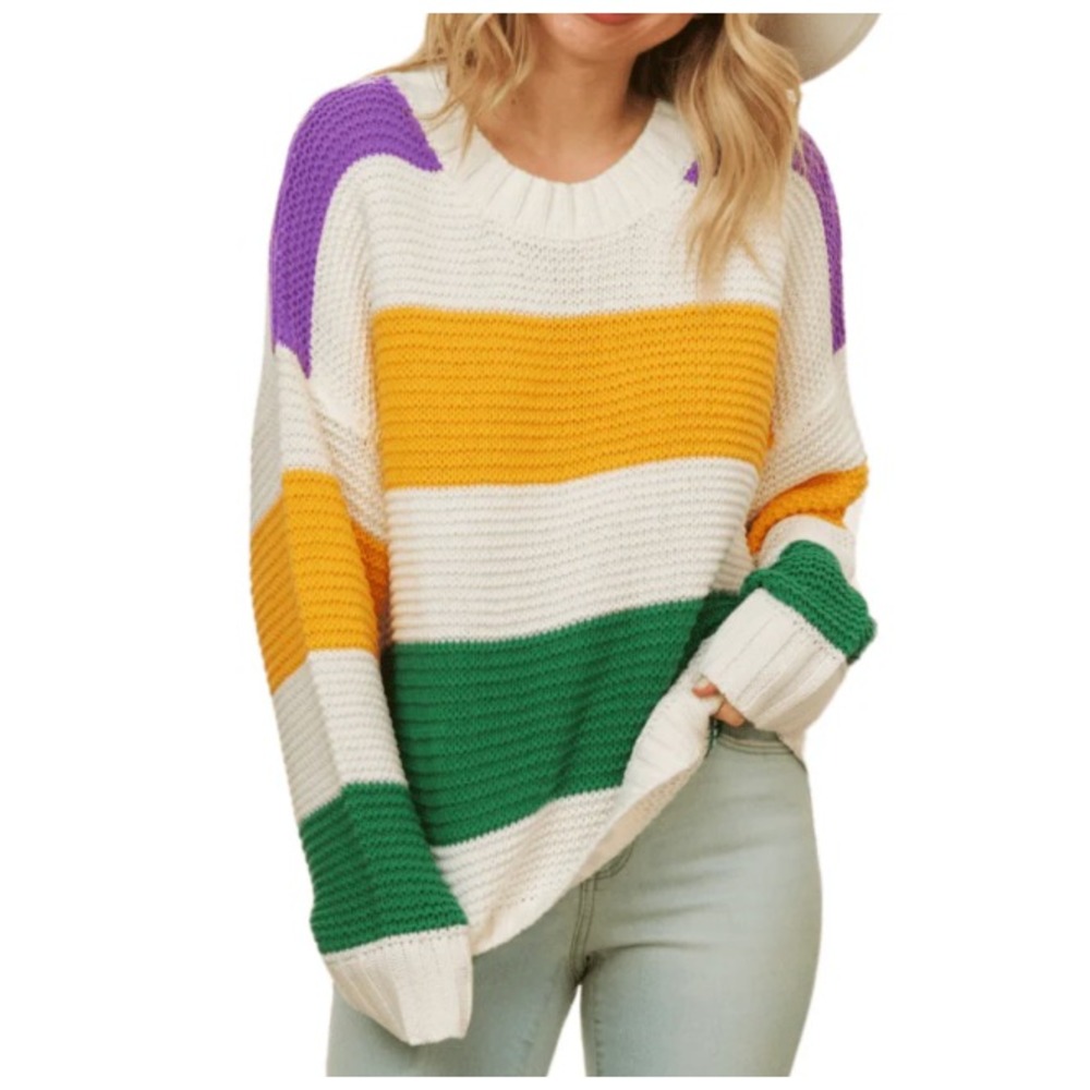 New SWEET GENERIS Mardi Gras Sweater WHITE GREEN PURPLE YELLOW Wide Stripes 3X